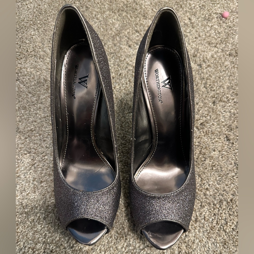 Worthington Glittery Black Peep Toe Heels